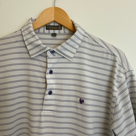 Peter Millar Summer Comfort Golf Performance Polo Shirt L White Blue Pinstipe - Picture 2 of 8